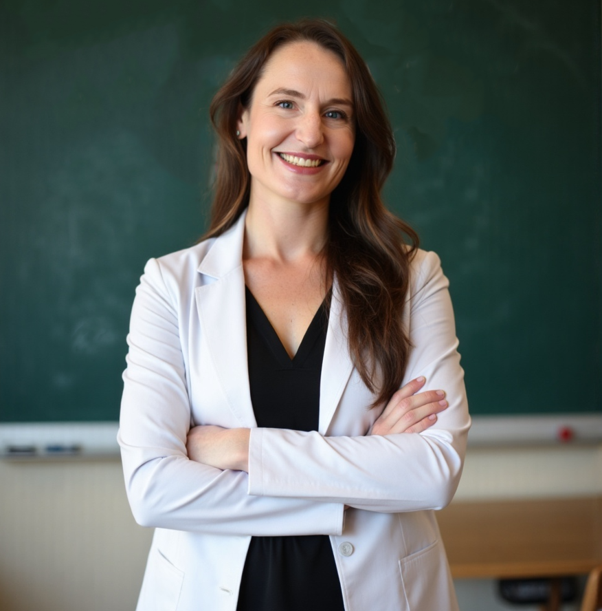 woman with long brown hair in white blazer with black blouse, arms crossed smiling in front of a green chalkboard in a classroom