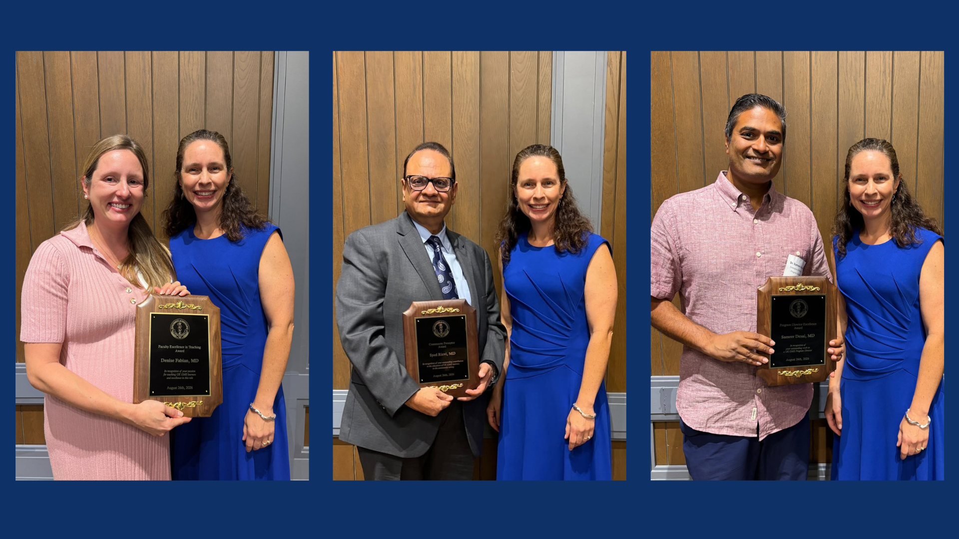 Three photos on a blue background. In each one, Dr. McKinney poses with a GME Award winner holding a plaque.