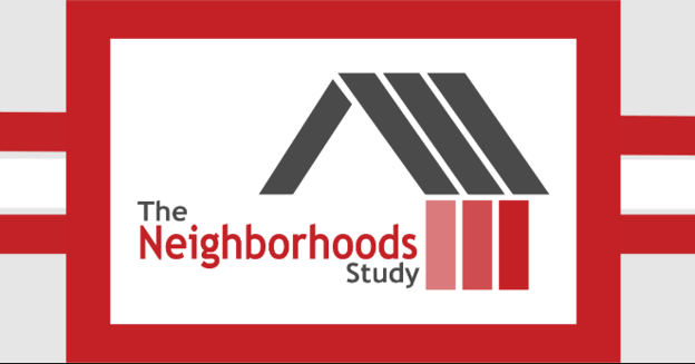 Logo for “The Neighborhoods Study,” featuring stylized gray roof shapes above the title and three vertical red bars.
