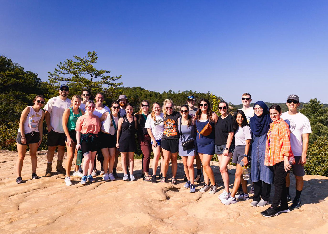A diverse group of hikers smiles together on a sunlit rocky overlook, with green trees and a clear blue sky behind them, conveying a cheerful, relaxed mood.