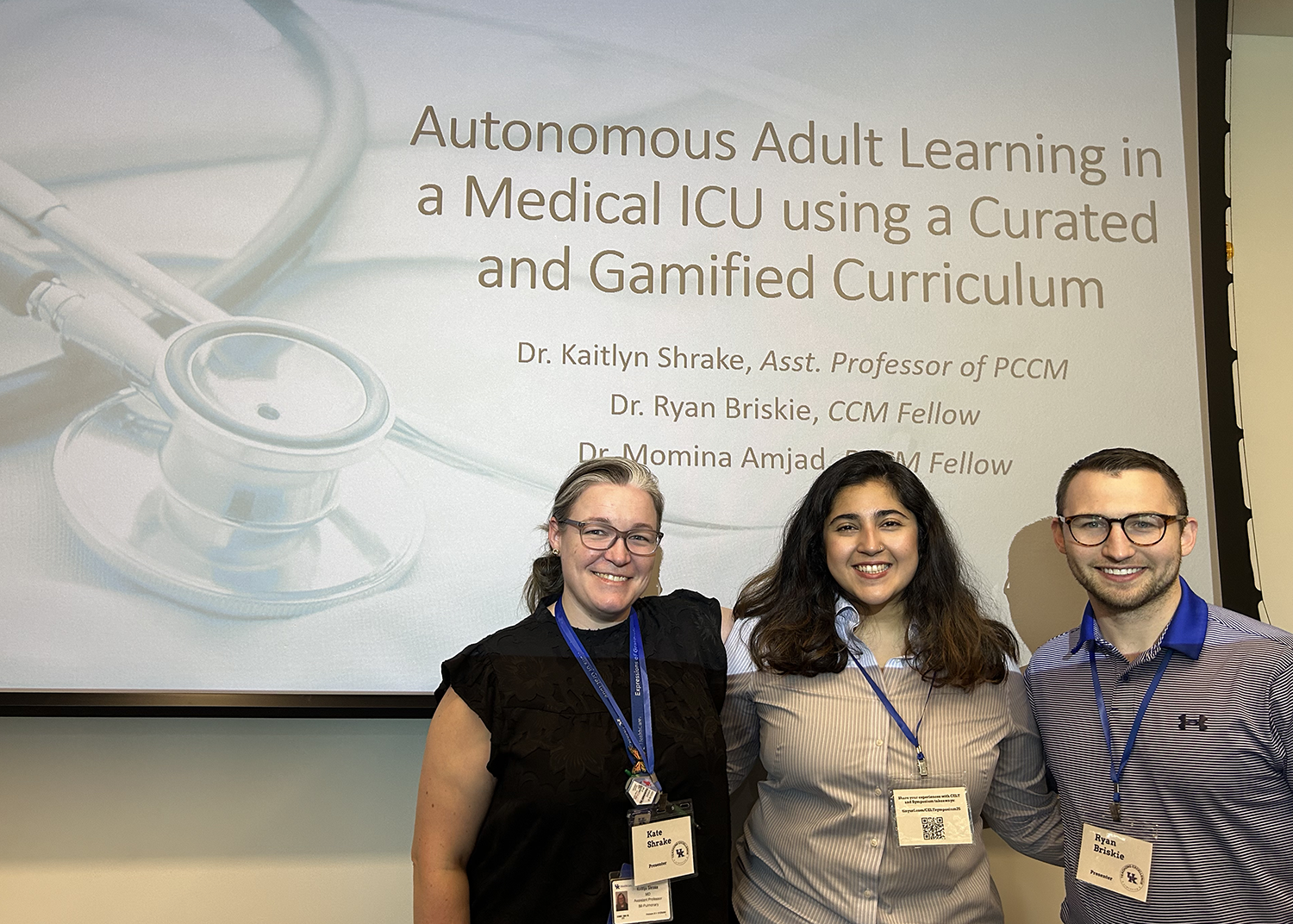 Three medical educators pose smiling before a presentation titled “Autonomous Adult Learning in a Medical ICU,” with a stethoscope graphic and a calm, professional tone.