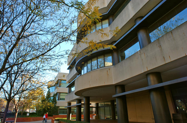 A view of the entrance to the cancer center on a clear, autumn day.