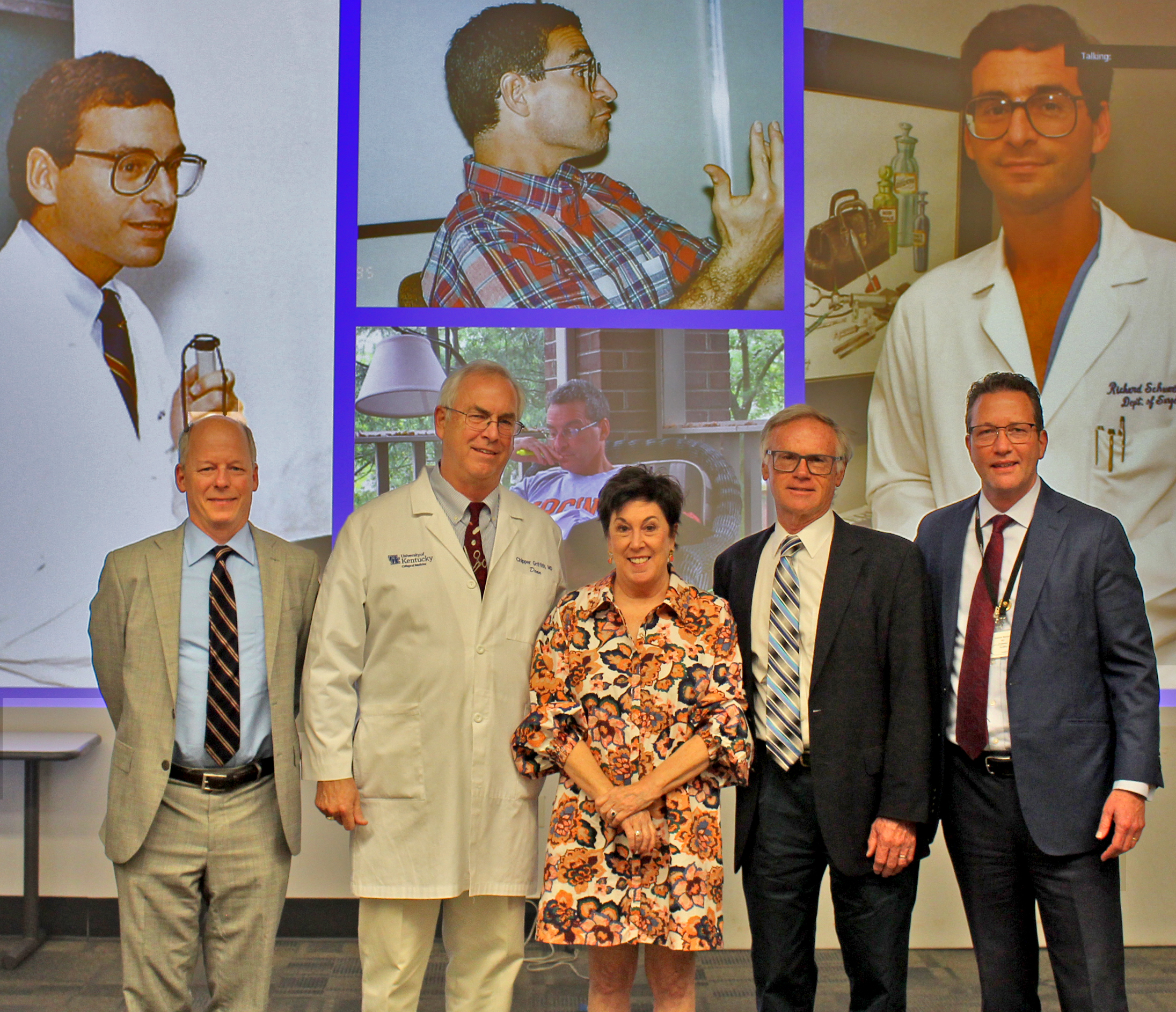 Celebrating the legacy of Dr. Richard Schwartz are, from left, Dr. William B. Inabnet III, Dr. Charles "Chipper" Griffith, Janet (Schwartz) Evans, Dr. David Sloan, and Dr. Andrew Bernard.