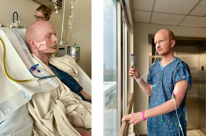 Unable to eat, Jacob received nutrients through an IV while a tube pumped fluids from his stomach. He lost 35 pounds in a month. Photos provided by the Whitt family.