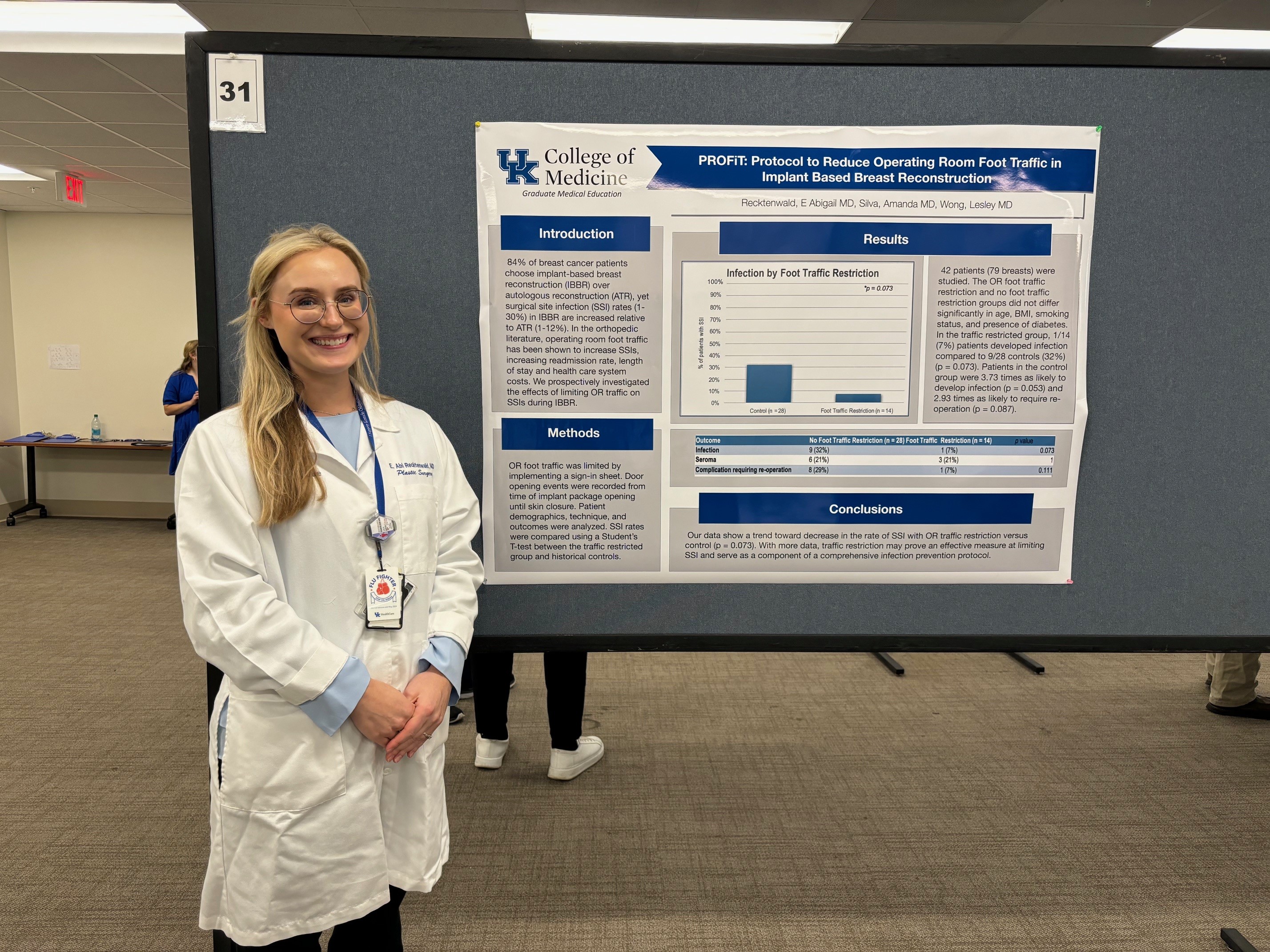 Resident stands in front of poster at GME poster presentation