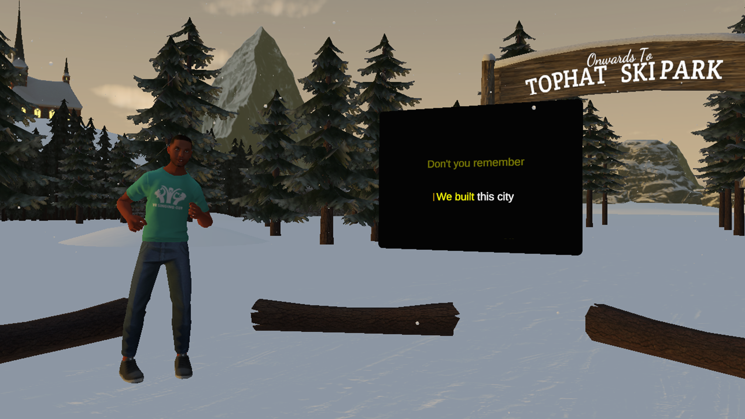 A virtual screenshot showing an avatar at a snowy ranch