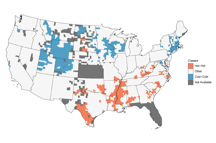 Study graphic showing association between county-level clusters of diabetes prevalence and diabetes-associated cancer mortality. Graphic provided by UK researchers.