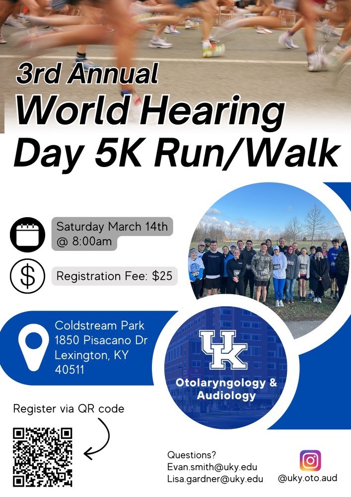 Flyer for the 3rd Annual World Hearing Day 5K Run/Walk on March 14 at Coldstream Park in Lexington. Registration is $25.