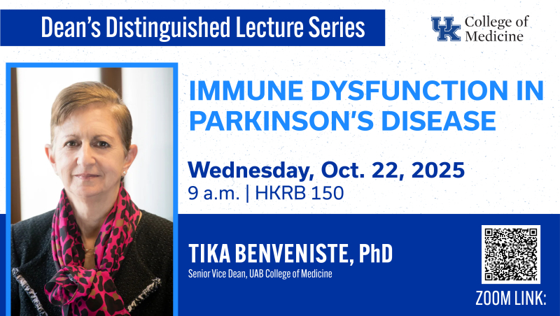 Tika Benveniste headshot and invite to presentation for immune dysfunction in Parkinson's disease deans distinguished lecture series