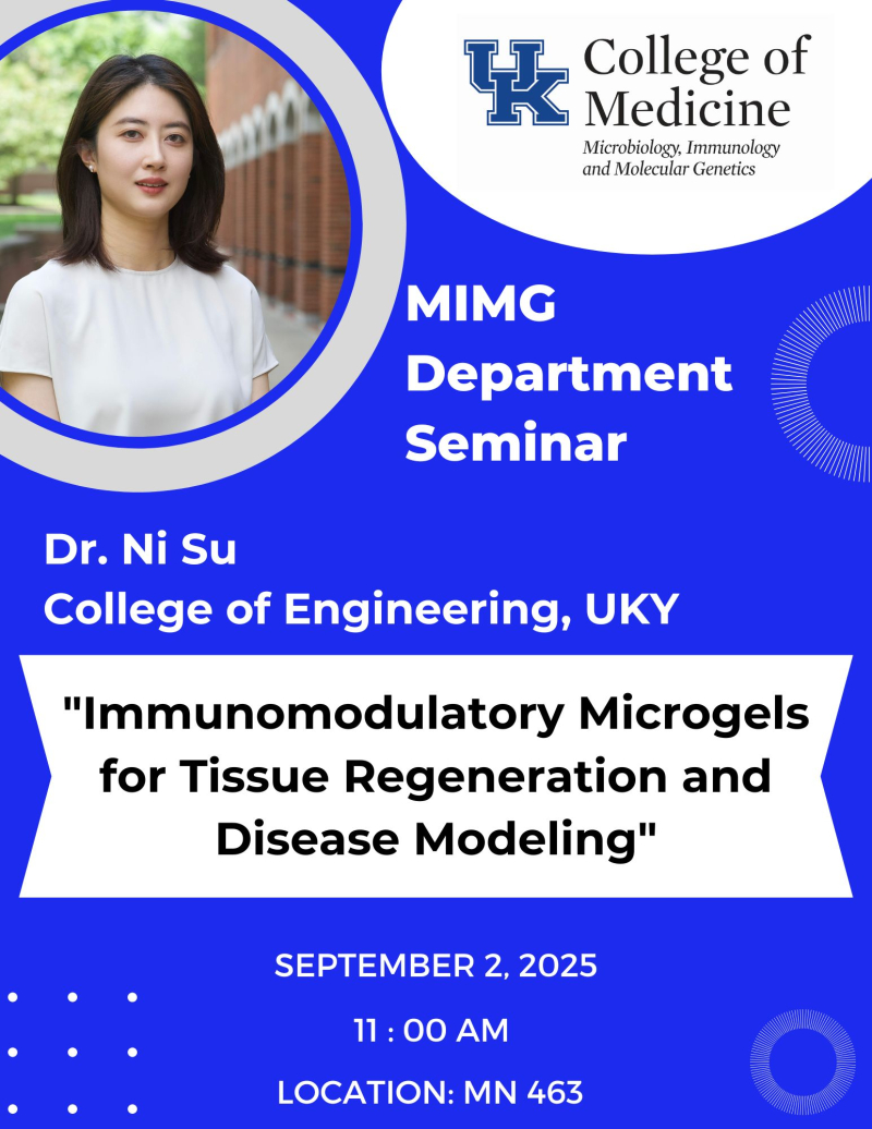 MIMG department seminar featuring Dr. Ni Su. The talk is titled, "Immunomodulatory Microgels for Tissue Regeneration and Disease Modeling."