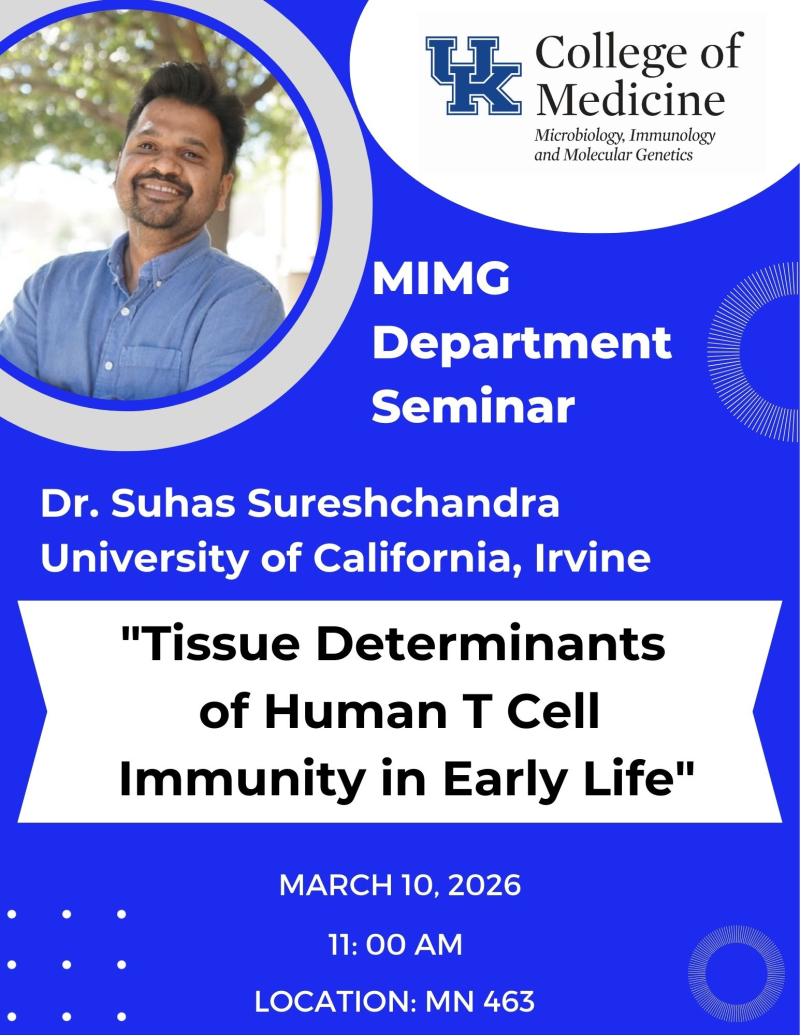 MIMG department seminar flyer, featuring Dr. Suhas Sureshchandra. The talk is titled "Tissue Determinants of Human T Cell Immunity in Early Life."