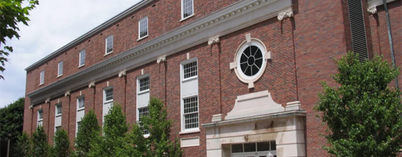 library made of brick, with cream accents around the windows and doors