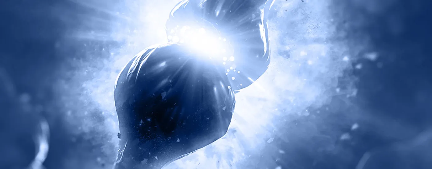 Artistic interpretation of a pair of neurons in an abstract blue background