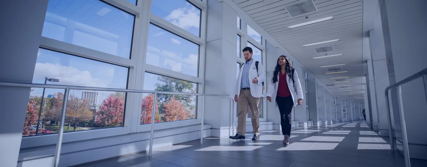 students walking through a bridge with a blue overlay