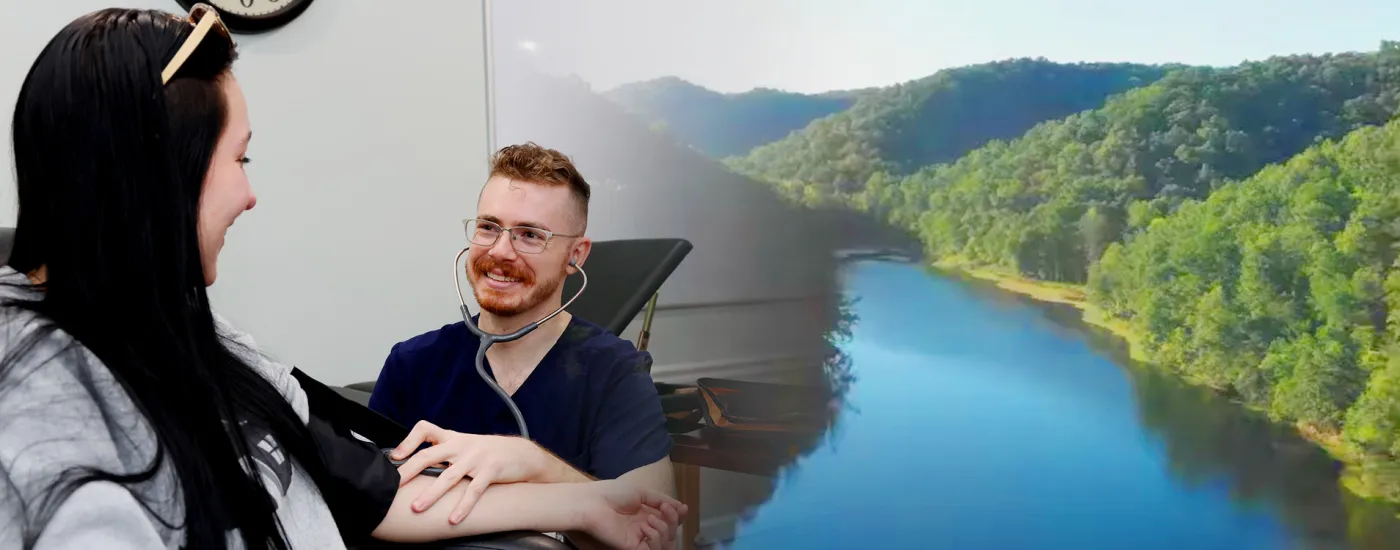 photo of medical student seeing a patient, and the photo is fading into an aerial shot of eastern kentucky mountains and river