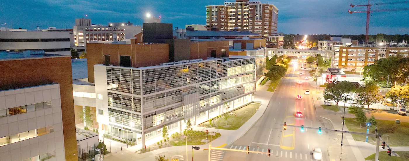 Sanders-Brown Center on Aging building shot at night