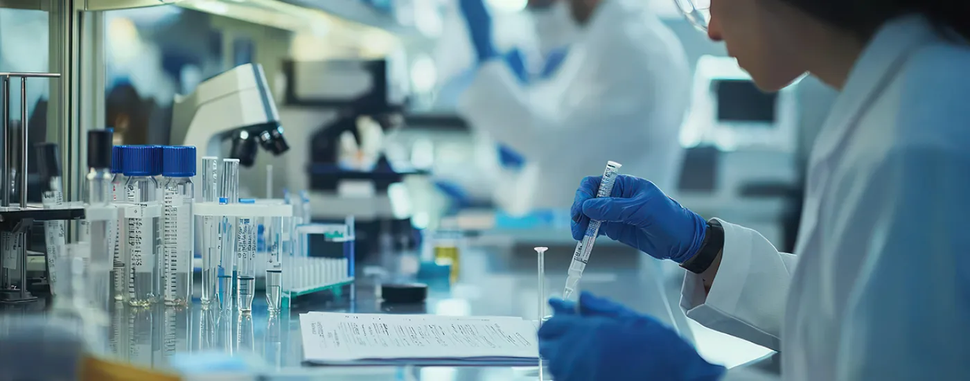 Woman in research lab with equipment and other researchers in background