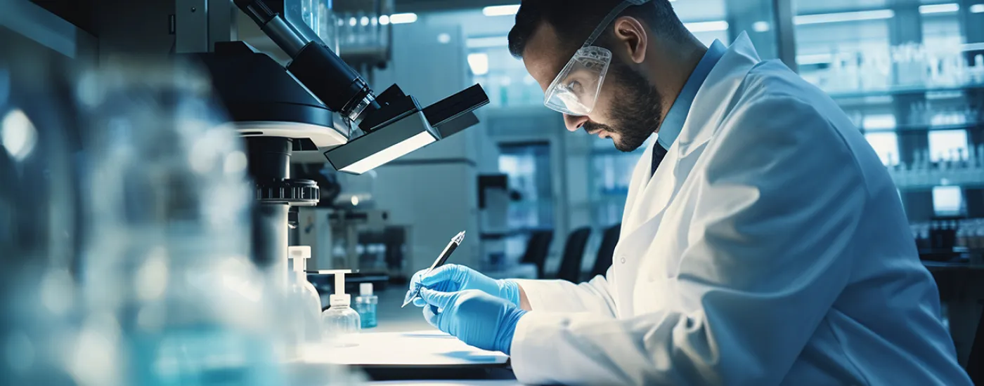 Man weaing goggles in lab with research equipment