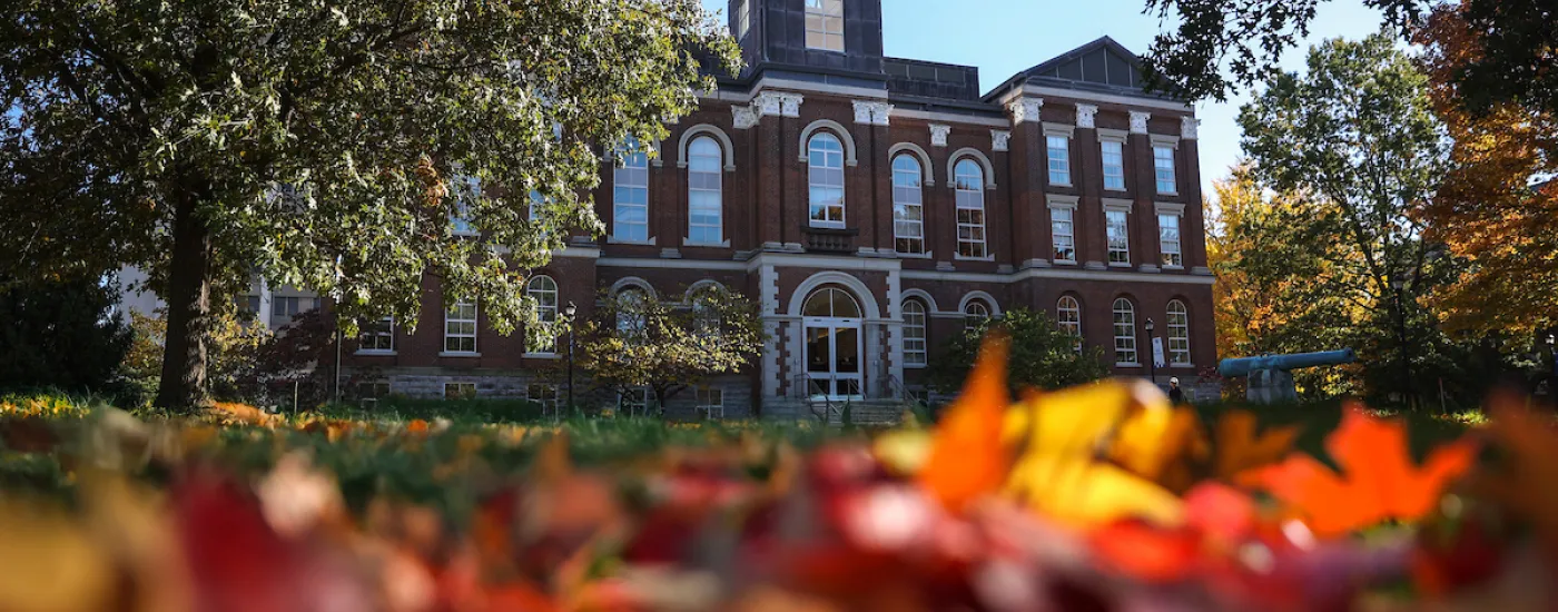 University of Kentucky Administrative Building with trees and flowers