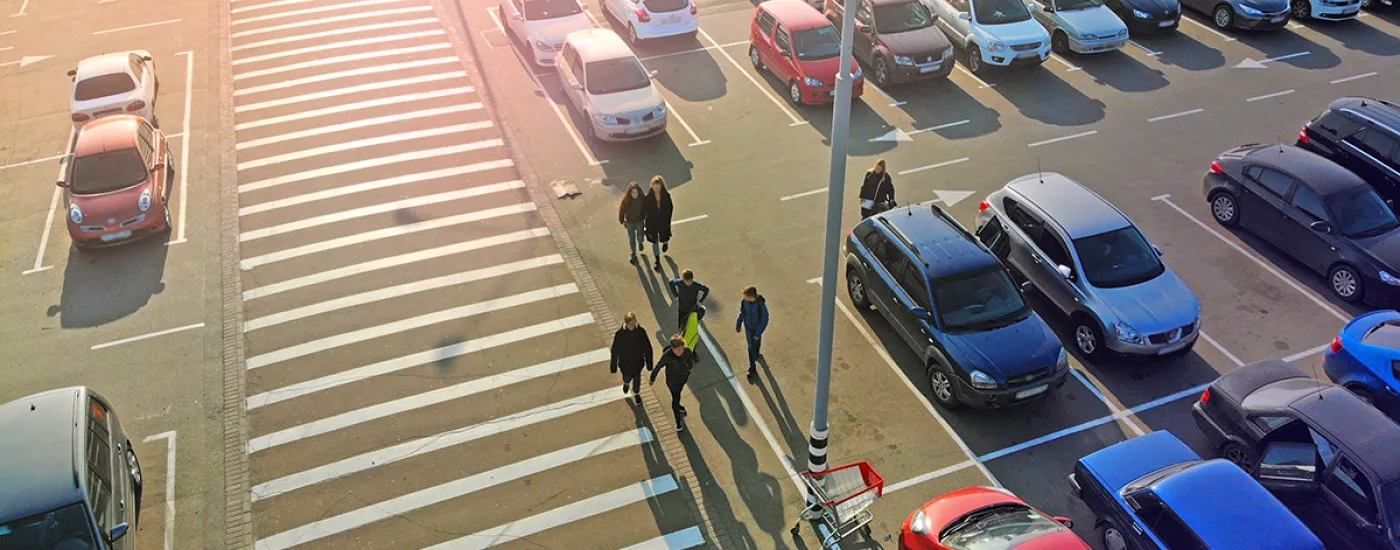 Arial view of a parking lot with cars