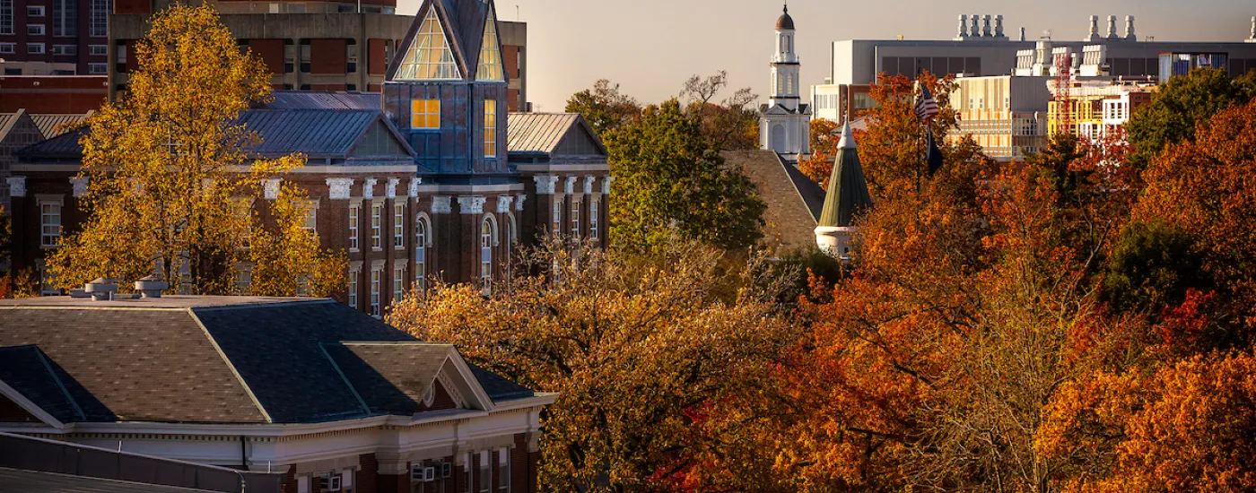 Aerial view of University of Kentucky campus with fall colors