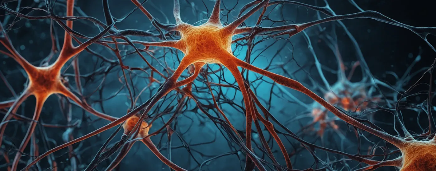 Microscopic view of neurons, orange with dark background. 