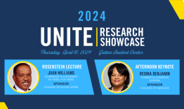 2024 UNITE Research Showcase flyer with keynote speakers: Juan Williams and Regina Benjamin. More information in the article.