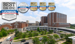 An image of UK Chandler hospital, with five U.S. News & World Report awards listed in the top-left corner. The awards are for Best Regional Hospital for the Bluegrass (2024-2025), Best Regional Hospital for Equitable Access (2024-2025), Best Hospitals for Ear, Nose and Throat (2024-2025), Best Hospitals for Cancer (2024-2025), and Best Hospitals for Obstetrics and Gynecology (2024-2025)