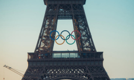 The Eiffel Tower with the Olympic logo overlapping