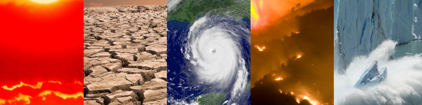5 images of climate change and/or global warming:  hot sun; dry, cracked ground; hurricane; wildfire; sheets of glacier ice falling into water