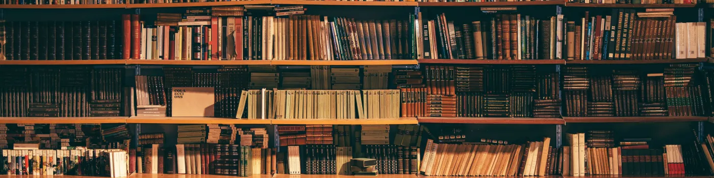 Wall full of bookshelves lined with books