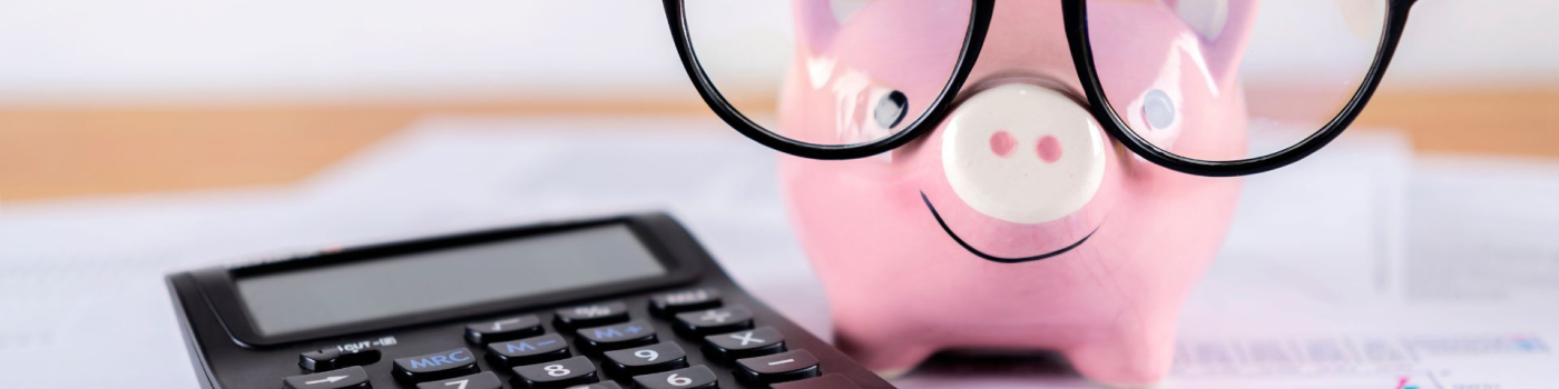 Cute piggy bank with glasses and calculator 
