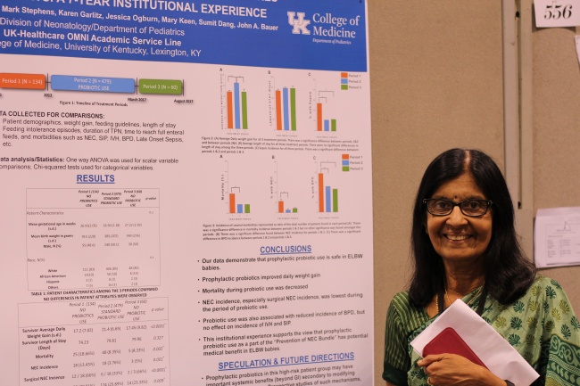 Dr. Nirmala Desai beside her poster, "Prophylactic Probiotics And Gastrointestinal Morbidities In Premature Infants: A 7-Year Institutional Experience" at the 2018 Pediatric Academic Societies (PAS) Conference in Toronto.