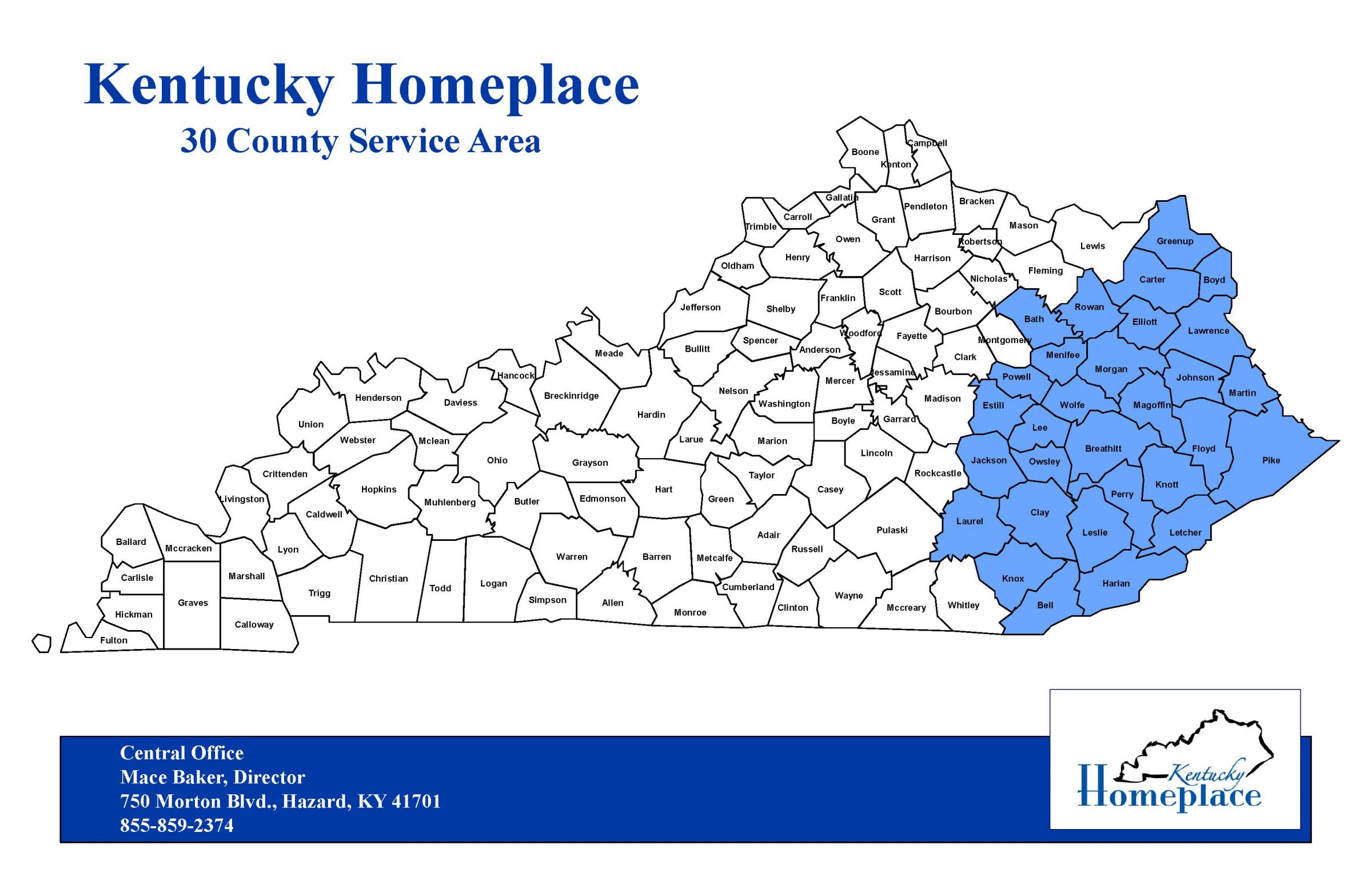 Map of the 30 county service area for homeplace