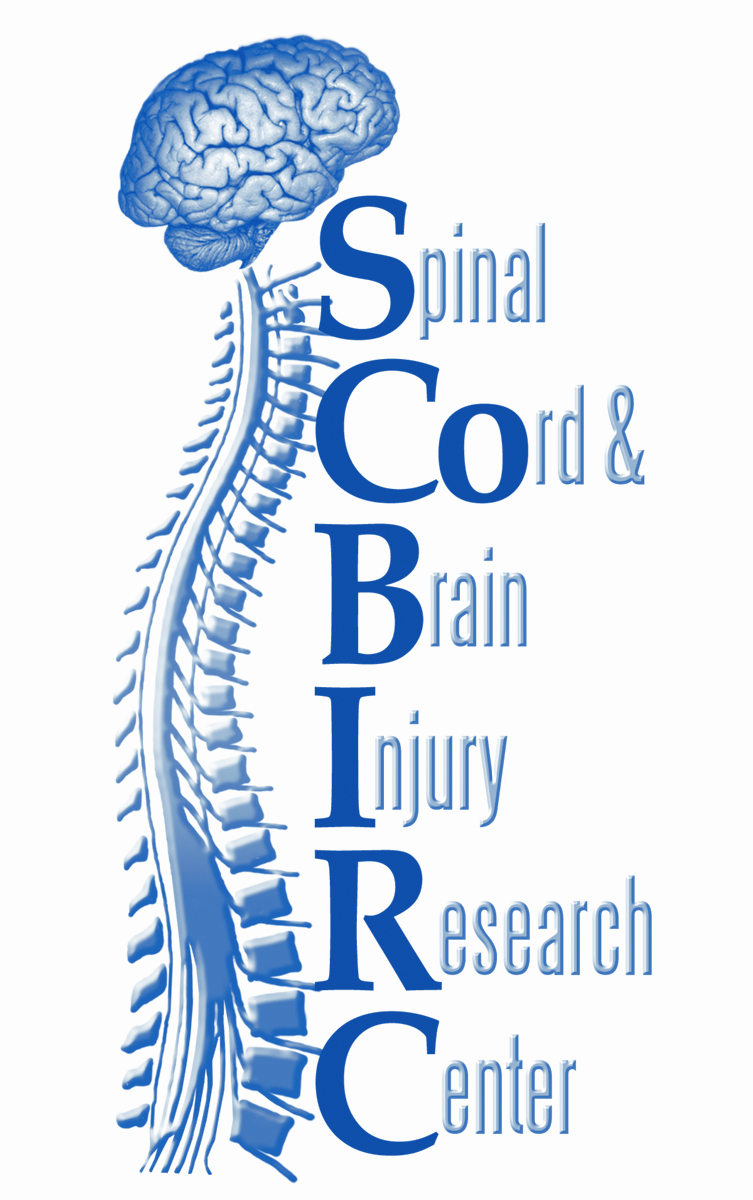 Side view of spinal column and brain with the acrosymn SCOBIRC (Spinal Cord and Brain Injury Research Center) on the side
