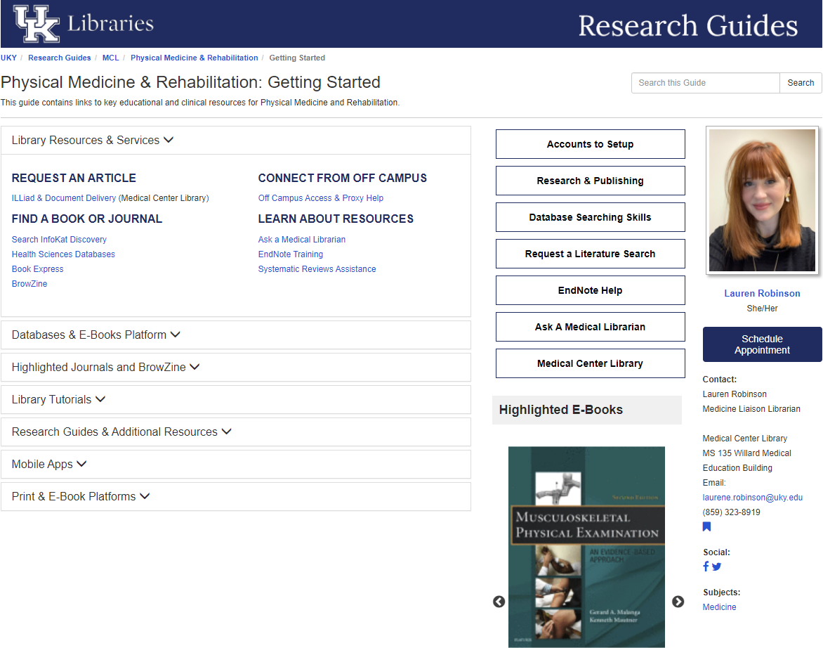 Screenshot of UK Medical Library home page