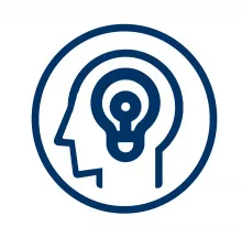 Blue cartoon graphic of a human head with a lightbulb inside