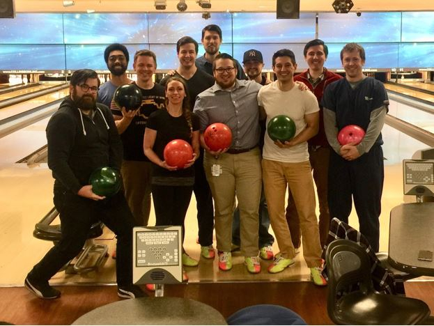 Group photo of residency students bowling