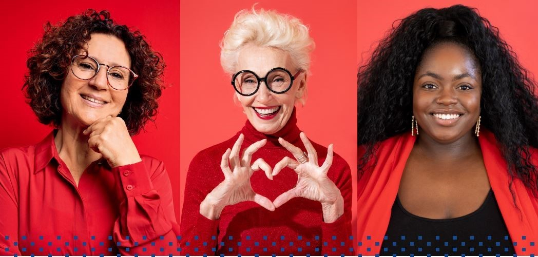 red background with 3 smiling women