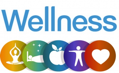 Cartoon graphic of wellness, including a heart, an apple, a person standing, a person meditating, and a person sleeping