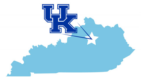 state of Kentucky with UK logo pointing at the location of Lexington