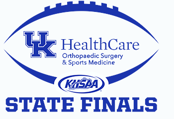 Outline of football with UK logo:  Orthopaedic Surgery & Sports Medicine KHSAA State Finals