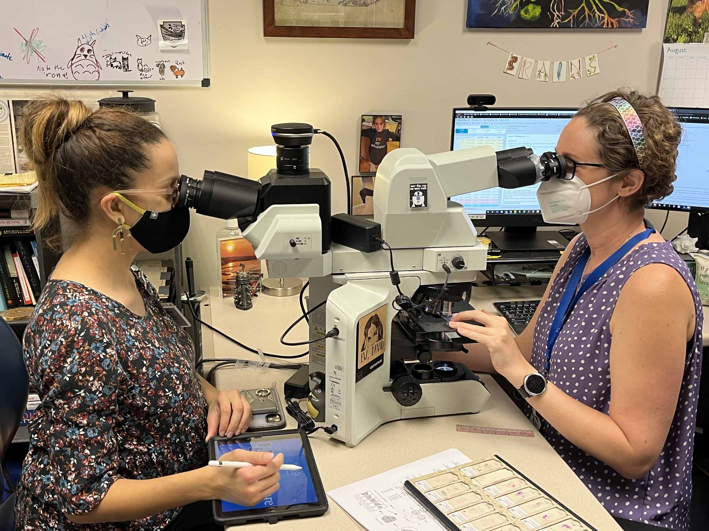 Resident looking through a microscope while signing out with their mentor