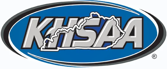 KHSAA logo: outline of Kentucky with 'KHSAA' in the background; all enclosed inside a blue oval