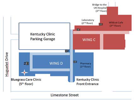 map to the Bluegrass Care Clinic; intersection of Huguelet Drive and Limestone Street