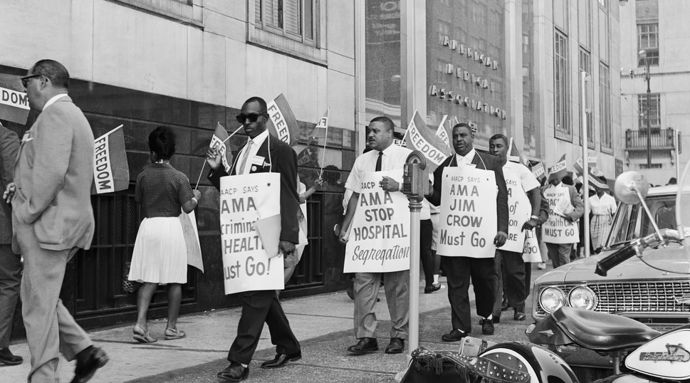 black and white photo of healthcare segregation protests