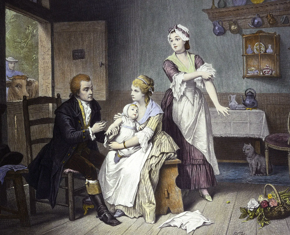 edward jenner's painting of a doctor administering a smallpox vaccine to a child, held by their mother. a nursemaid looks on. 