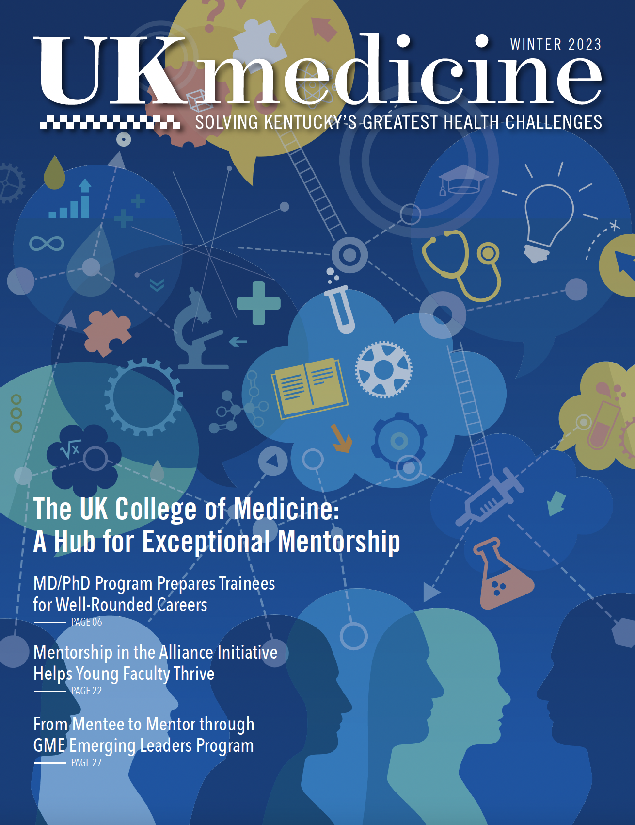 Front cover of UK Medicine, our magazine. Cover is blue with different colored silohuettes and medical icons. 
