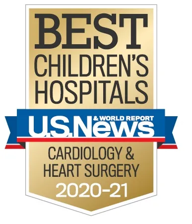 image badge that says "Best Children's Hospitals" US News and World Reports. Cardiology and Heart Surgery 2020-21