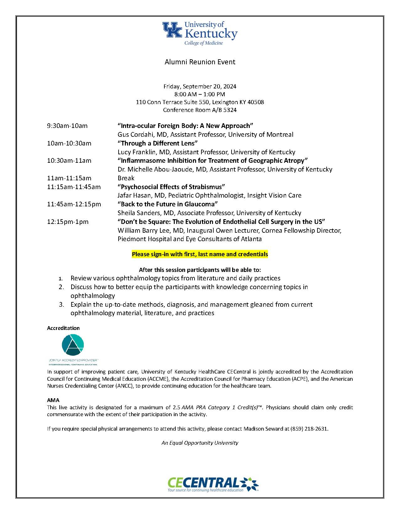 Flyer for Alumni event with CME instructions and speakers names